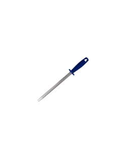 Fusil à aiguiser ovale avec manche bleu pour affûter et entretenir les couteaux de découpe professionnelle.