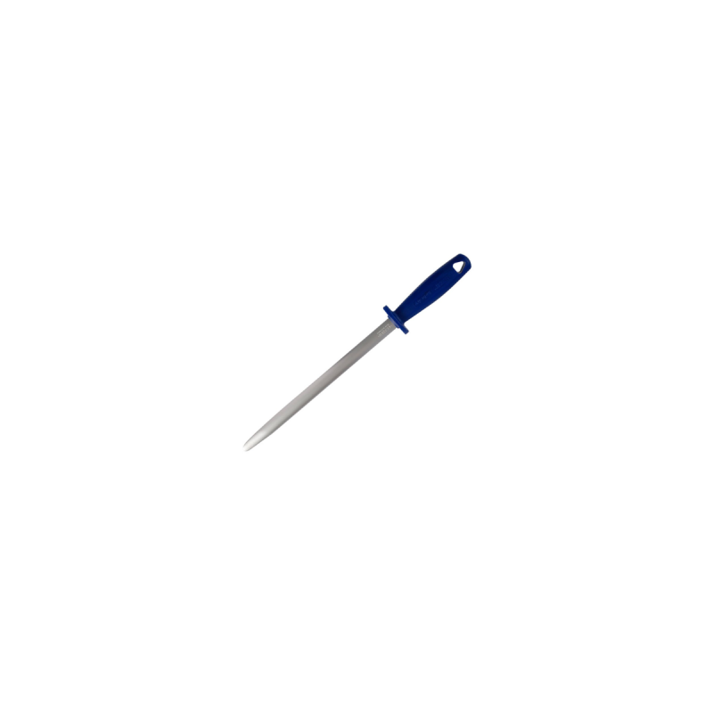 Fusil à aiguiser ovale avec manche bleu pour affûter et entretenir les couteaux de découpe professionnelle.