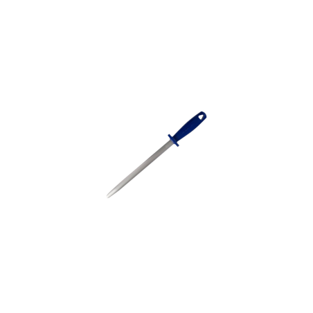 Fusil à aiguiser ovale avec manche bleu pour affûter et entretenir les couteaux de découpe professionnelle.