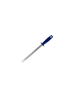 Fusil à aiguiser ovale avec manche bleu pour affûter et entretenir les couteaux de découpe professionnelle.